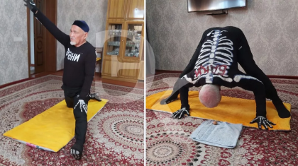 77 жастағы кентаулық қария басымен жаңғақ шағып, шпагатқа отырады